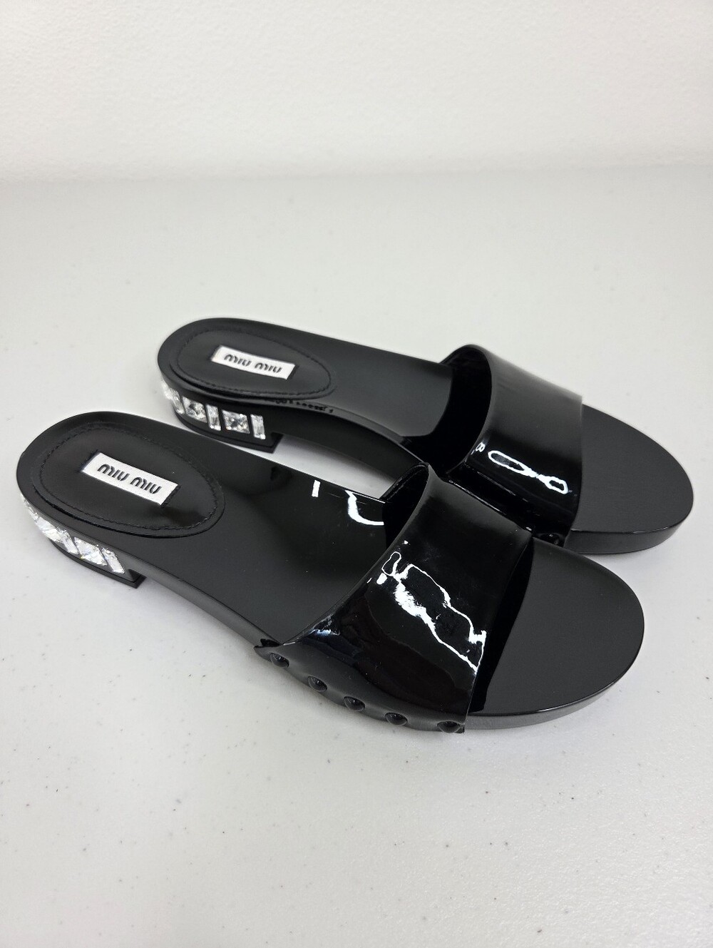 Miu Miu Black Patent Leather Slide Sandals with Crystal Accent Heels